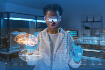 Young female African-American scientist in a medical outfit, working with a HUD screen in a futuristic lab