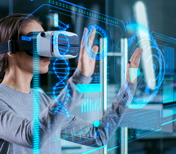 Female engineer wearing a virtual reality headset at work to explore an upcoming project.